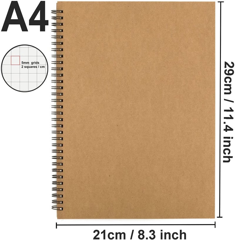 INNAXA 2 Pack A4 Square Grid Spiral Notebook, Kraft Cover Natural Shade Pages, Ruled Wirebound Notebooks Bulk Journals (Square Grid), 100 Pages - Image 2