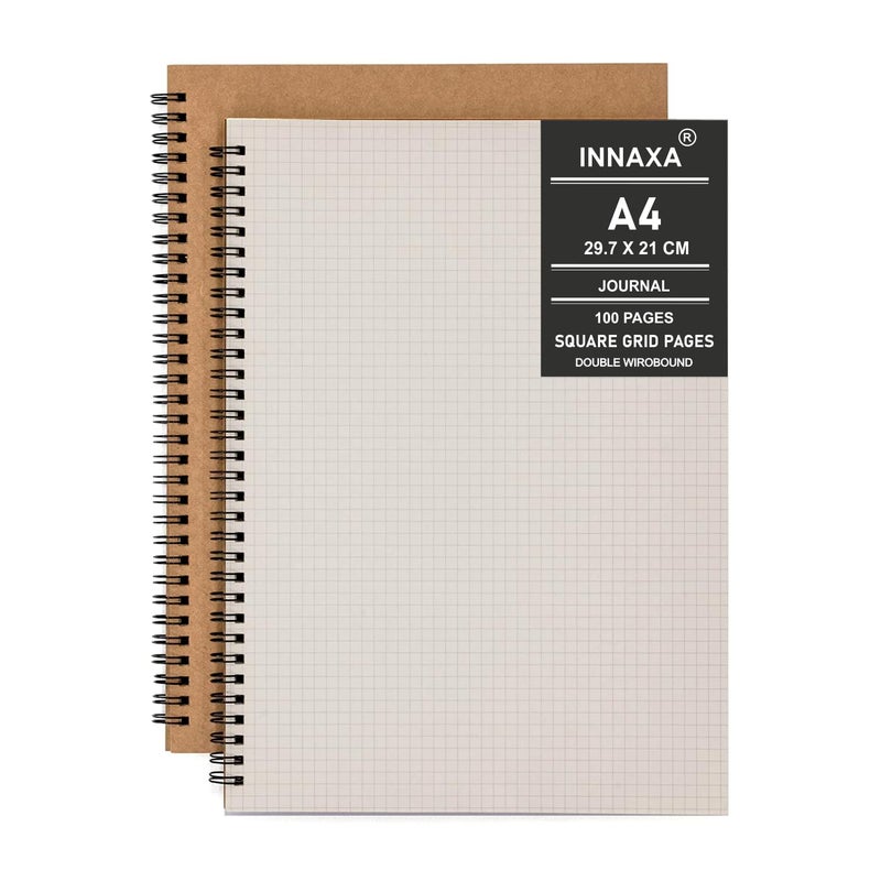 INNAXA 2 Pack A4 Square Grid Spiral Notebook, Kraft Cover Natural Shade Pages, Ruled Wirebound Notebooks Bulk Journals (Square Grid), 100 Pages - Image 1