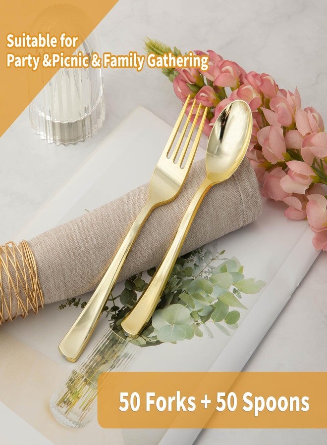 N9R 100PCS Gold Plastic Silverware, Heavy Duty Disposable Cutlery Set for Parties, Disposable Plastic Spoons and Forks Includes 50 Gold Spoons and 50 Forks for Weddings, Birthday, Dinners - Image 3