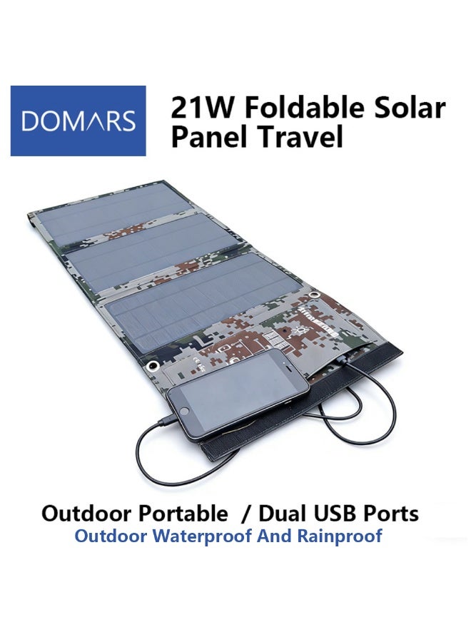 Domars 21W Portable Solar Charger, Foldable Solar Panel with Dual USB Ports, Waterproof Solar Phone Charger for Camping, Hiking, Emergency, Compatible with iPhone 11/12/13/14/15/16/17,Power Bank (Camouflage Color) - Image 1