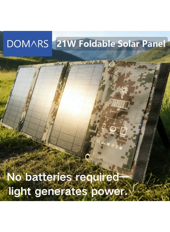 Domars 21W Portable Solar Charger, Foldable Solar Panel with Dual USB Ports, Waterproof Solar Phone Charger for Camping, Hiking, Emergency, Compatible with iPhone 11/12/13/14/15/16/17,Power Bank (Camouflage Color) - Image 2