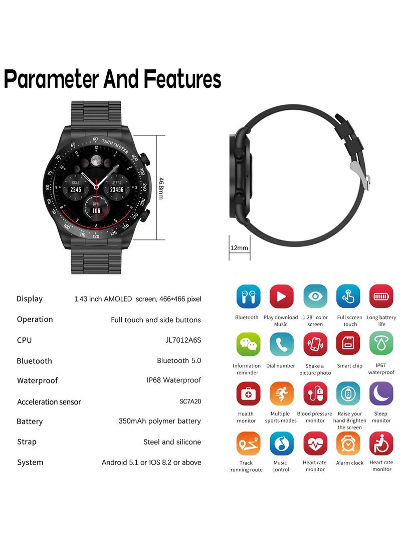 RollsTimi  - Men's Smartwatch 1.43" Amoled HD Full Touch Screen Fitness Tracker Heart Rate Blood Pressure Sleep Monitor Business Sports Smart Watch for Men - Image 1