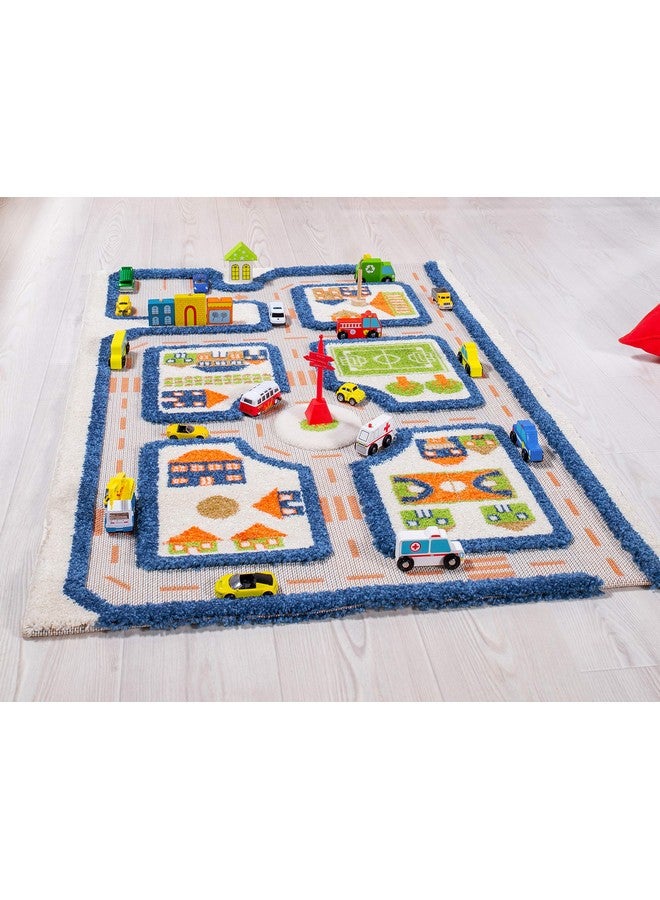 IVI Thick 3D Childrens Play Mat & Rug In A Colorful Town Design For Kids With Soccer Field Car Park & Roads Blue 32 X 45 Inches - Image 2