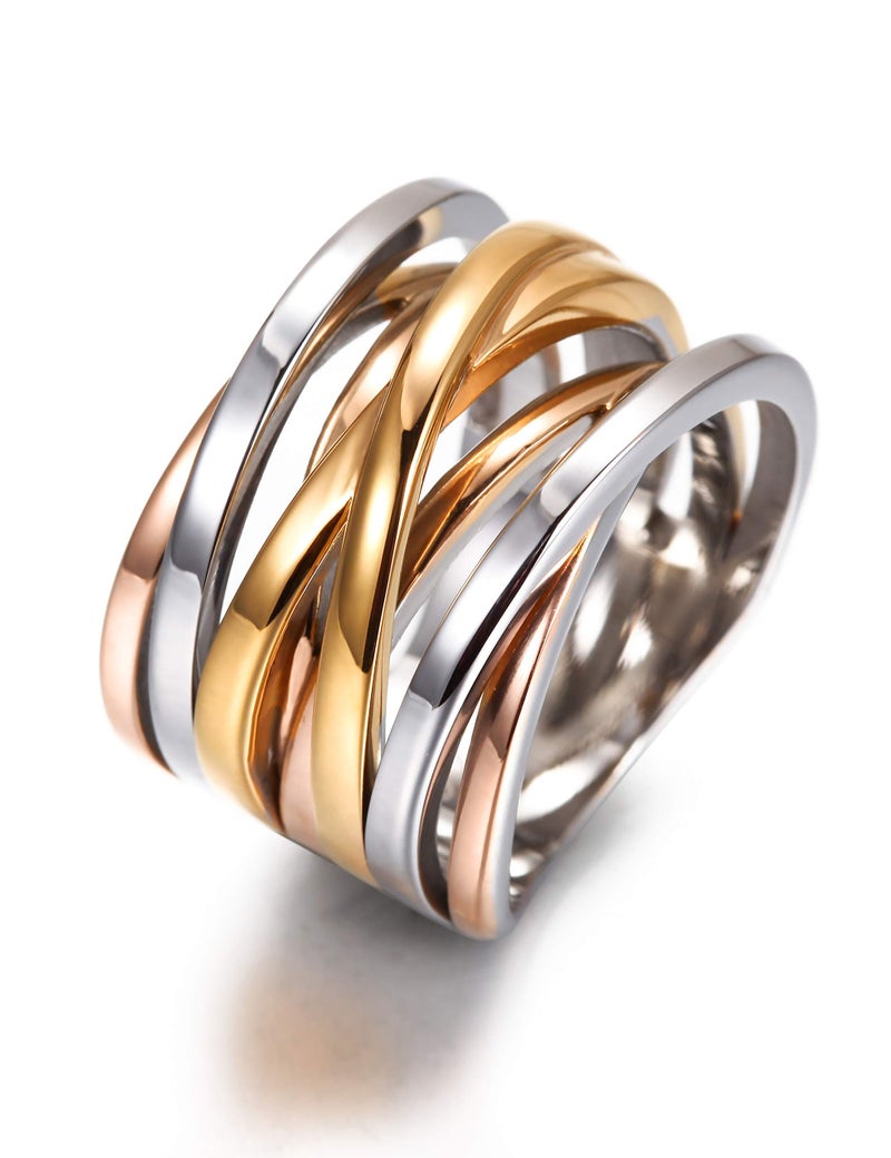 CIUNOFOR 13.7MM Cross Ring Enhancers for Women Statement Engagement Ring Silver Gold Rose Gold Plated Ring Engraving Customized Personalized (Tricolor, 9) - Image 1
