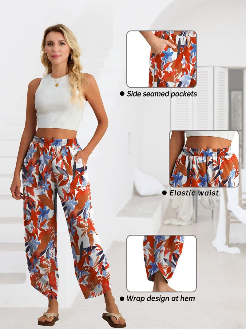 Feiersi Womens Baggy Wide Leg Pants Elastic Waisted Casual Palazzo Harem Pants Summer Beach Trousers(White Maple Leaf,X-Large) - Image 4