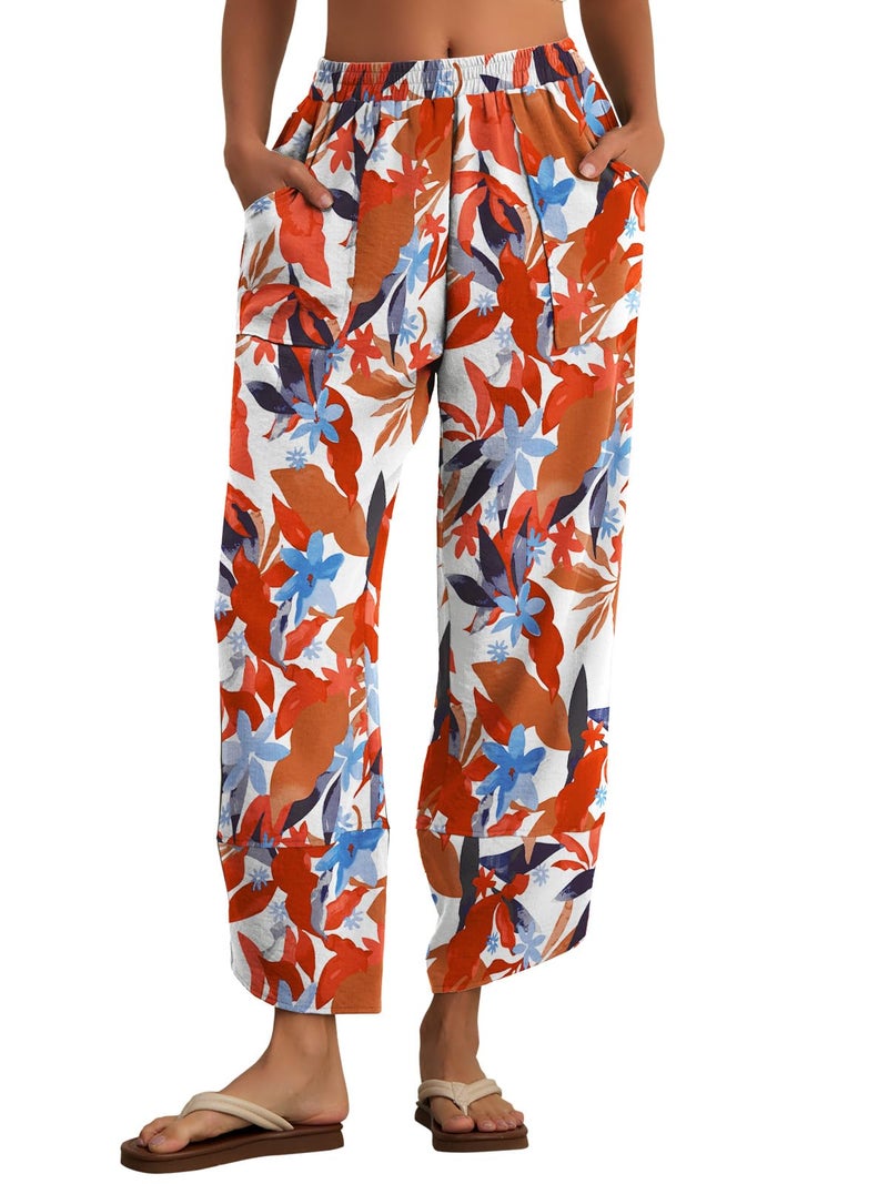 Feiersi Womens Baggy Wide Leg Pants Elastic Waisted Casual Palazzo Harem Pants Summer Beach Trousers(White Maple Leaf,X-Large) - Image 2