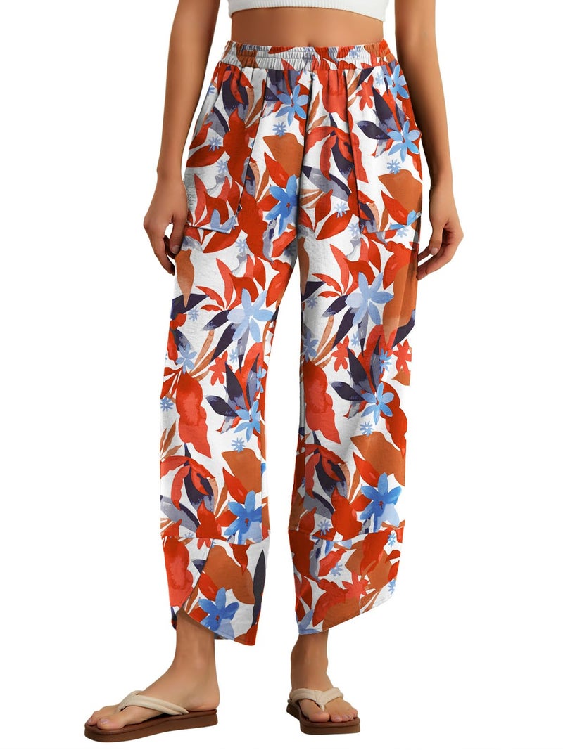 Feiersi Womens Baggy Wide Leg Pants Elastic Waisted Casual Palazzo Harem Pants Summer Beach Trousers(White Maple Leaf,X-Large) - Image 1