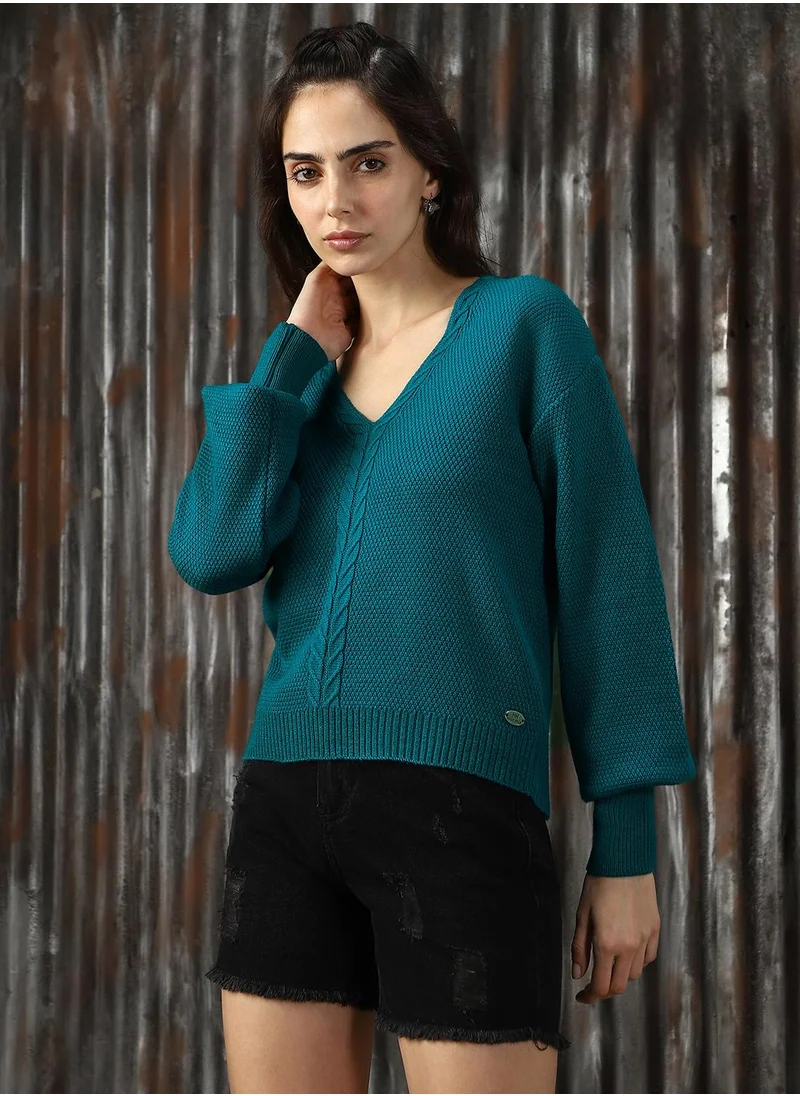 هاي ستار Women's Teal 100% Acrylic Solid Sweater