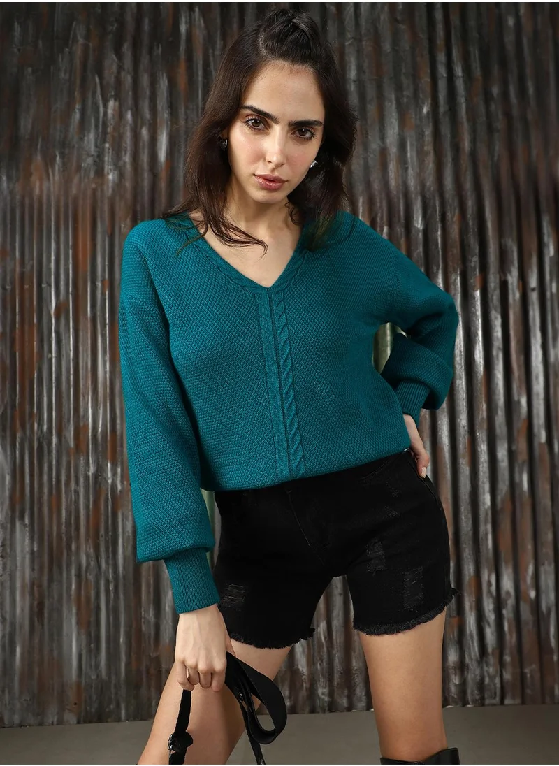 هاي ستار Women's Teal 100% Acrylic Solid Sweater