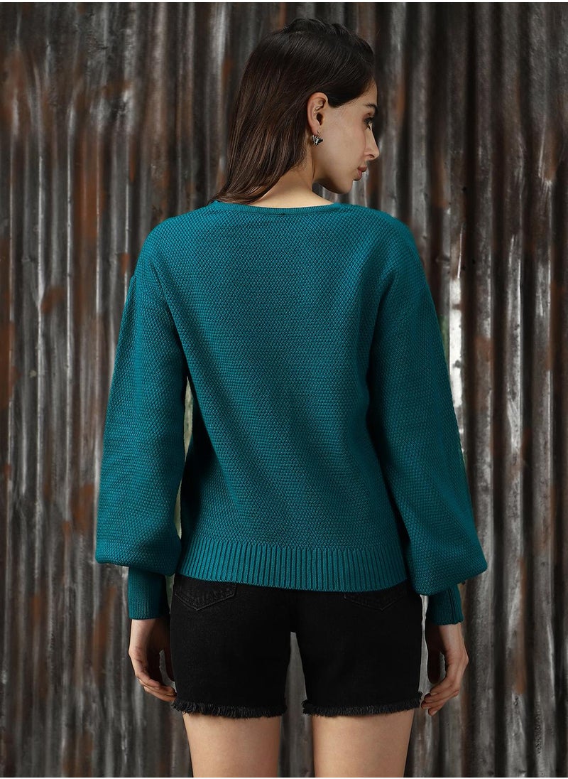 HIGH STAR Women's Teal 100% Acrylic Solid Sweater  - Image 3