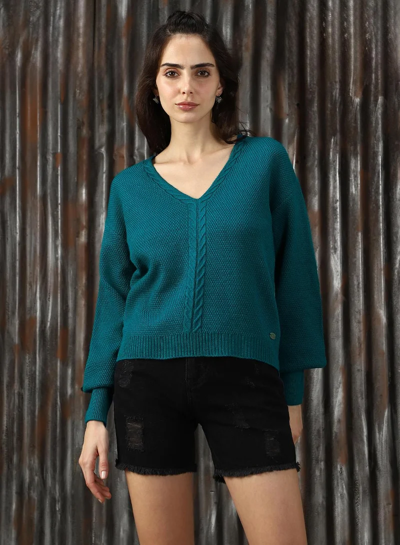 HIGH STAR Women's Teal 100% Acrylic Solid Sweater