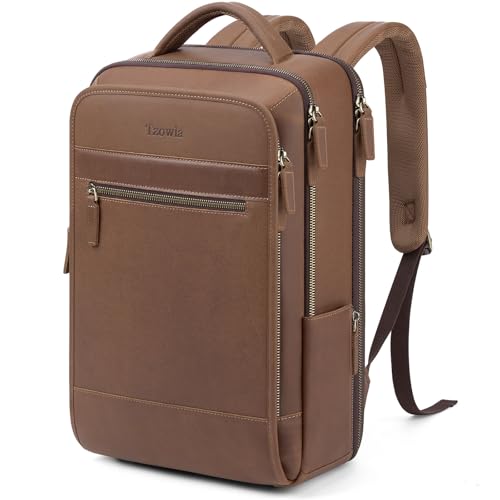 Tzowla Leather Laptop Backpack, Bag for Men and Women,Business Travel Work Rucksack Fits 15.6 Inch Laptop,Bookbag with USB and Type-C Charging Port-Black - Image 1
