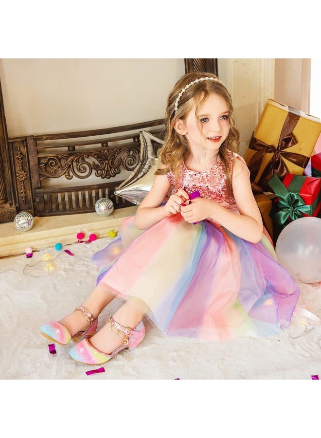 Furdeour Girls Sandals for Rainbow High Heels Toddler Dress up Block Heel Sandal Princess Flower Girls Wedding Size 9(2902Rainbow 9) - Image 3
