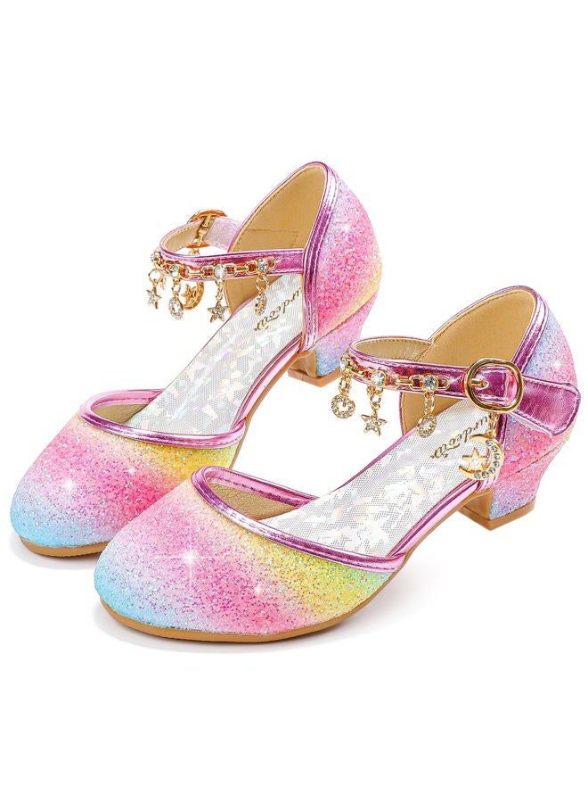 Furdeour Girls Sandals for Rainbow High Heels Toddler Dress up Block Heel Sandal Princess Flower Girls Wedding Size 9(2902Rainbow 9) - Image 1