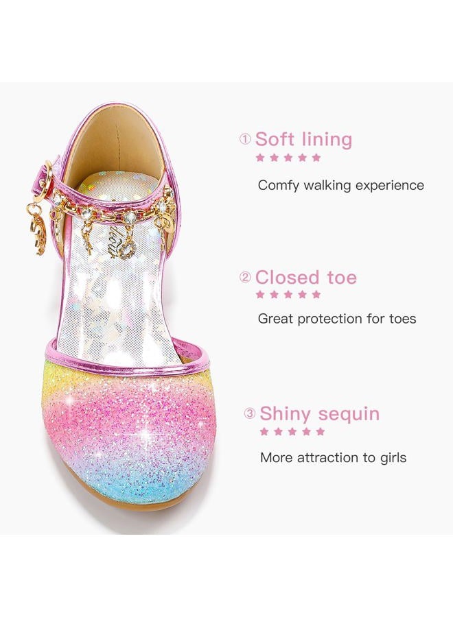 Furdeour Girls Sandals for Rainbow High Heels Toddler Dress up Block Heel Sandal Princess Flower Girls Wedding Size 9(2902Rainbow 9) - Image 5