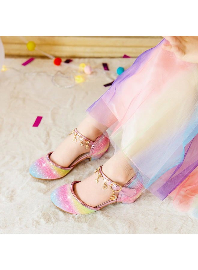 Furdeour Girls Sandals for Rainbow High Heels Toddler Dress up Block Heel Sandal Princess Flower Girls Wedding Size 9(2902Rainbow 9) - Image 2