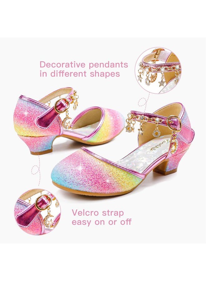 Furdeour Girls Sandals for Rainbow High Heels Toddler Dress up Block Heel Sandal Princess Flower Girls Wedding Size 9(2902Rainbow 9) - Image 4