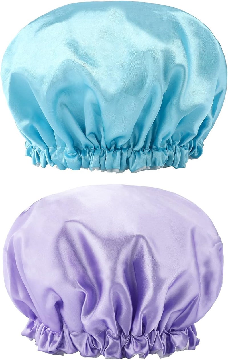 G2PLUS 32CM Large Shower Caps 2PCS Reusable Bath Caps for Women Elastic Shower Hats for Long Hair Double Layers Bath Hats for Adults Long Hair