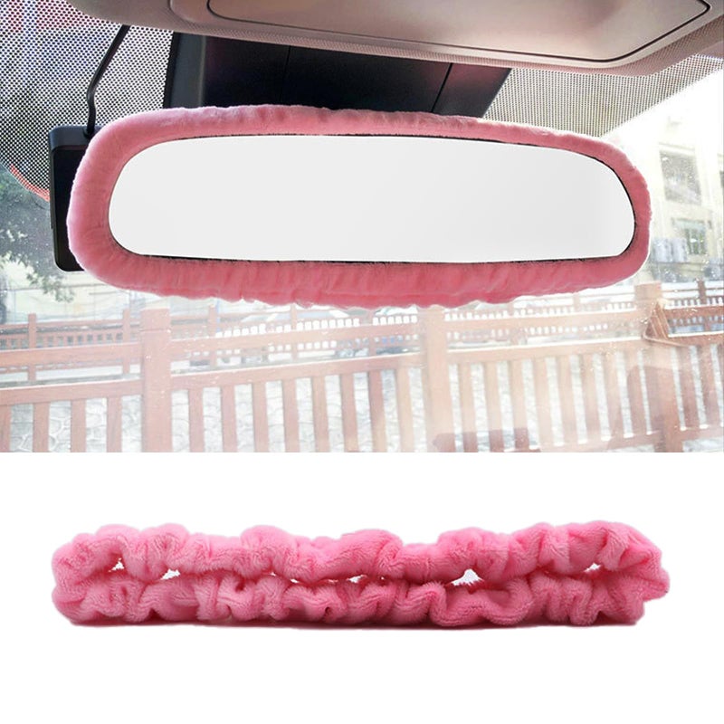 Ongfuwu Car Rearview Mirror Cover Elastic Plush Car Interior Rear View Mirror Protector Automotive Rearview Mirror Edge Protector Frame Decor Car Accessories for Women Girls Pink - Image 3