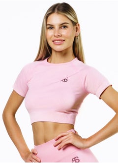 Bernessi Nylon Short Sleeve Cropped T Shirt  for Women Casual Summer Round Neck Top for Yoga Running Exercise Pink Solid Color  - Image 1