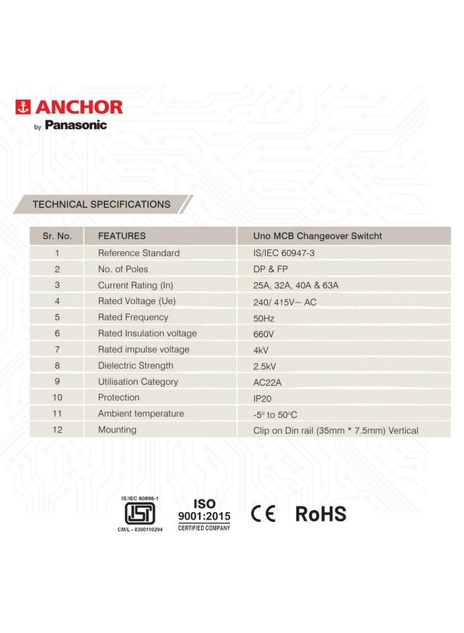 Anchor by Panasonic 98084 UNO Series 63 Ampere Dual Pole Change Over Switch Circuit Breaker Safe Reliable Protection - Image 4