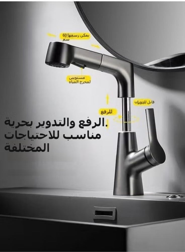 عربست صنبور مطبخ قابل للسحب، صنبور حوض مطبخ قابل لتعديل الارتفاع مع رشاش سحب للأسفل، صنبور مطبخ مقاوم للرذاذ قابل للدوران 360 درجة، صنبور دوار ساخن وبارد للمطبخ والحمام - Image 5