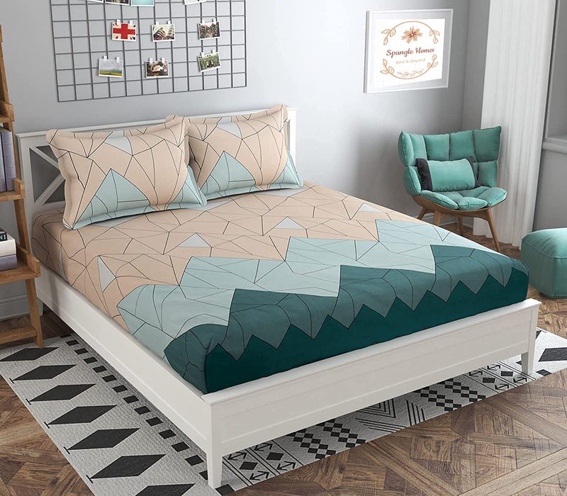 SpangleHomes 100% Soft Glace Cotton Queen Size Elastic Fitted Bedsheet with 2 Large Pillow Covers (Design-Beige Green Triangle, Elastic Double) - Image 1