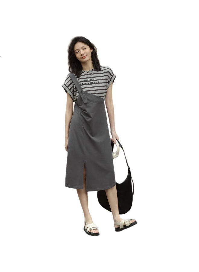dme Fake Two-Piece Striped Top With Mid-Length Skirt Summer Round Neck Printed Split Dress - Image 3