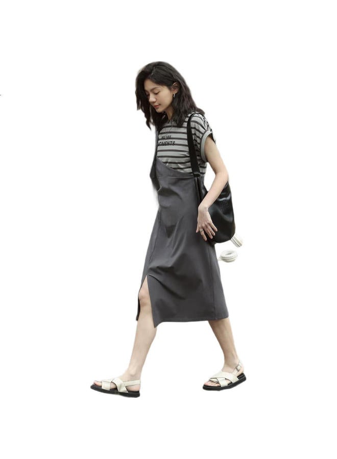 dme Fake Two-Piece Striped Top With Mid-Length Skirt Summer Round Neck Printed Split Dress - Image 1