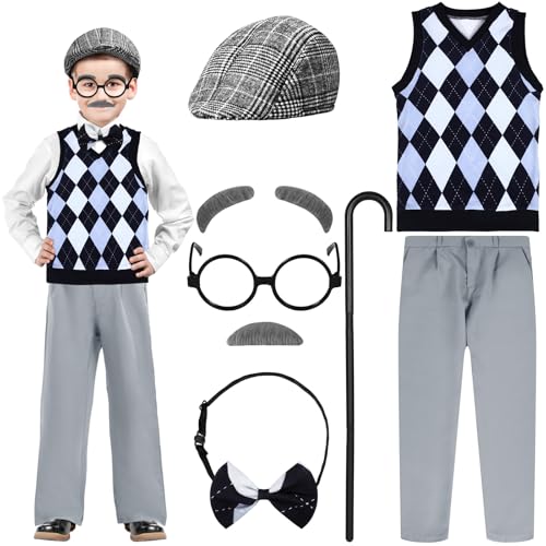 Liitrsh 8 Pcs Old Man Costume for Kids Grandpa Costume 100 Days of School Halloween Vest and Pants for Boys1113 YearsBlue Grey Plaid - Image 1
