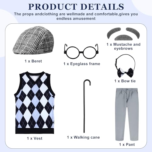 Liitrsh 8 Pcs Old Man Costume for Kids Grandpa Costume 100 Days of School Halloween Vest and Pants for Boys1113 YearsBlue Grey Plaid - Image 5