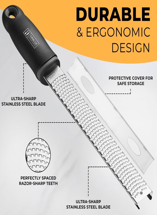 Orblue Lemon Zester & Cheese Grater - Premium Citrus Zester, Kitchen Grater for Parmesan, Chocolate, Fruits, Vegetables, Ginger, Garlic, Nutmeg - Stainless Steel Blades with Protective Cover, Black - Image 4