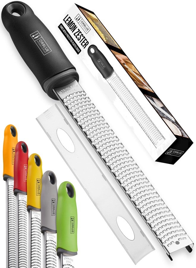 Orblue Lemon Zester & Cheese Grater - Premium Citrus Zester, Kitchen Grater for Parmesan, Chocolate, Fruits, Vegetables, Ginger, Garlic, Nutmeg - Stainless Steel Blades with Protective Cover, Black - Image 1