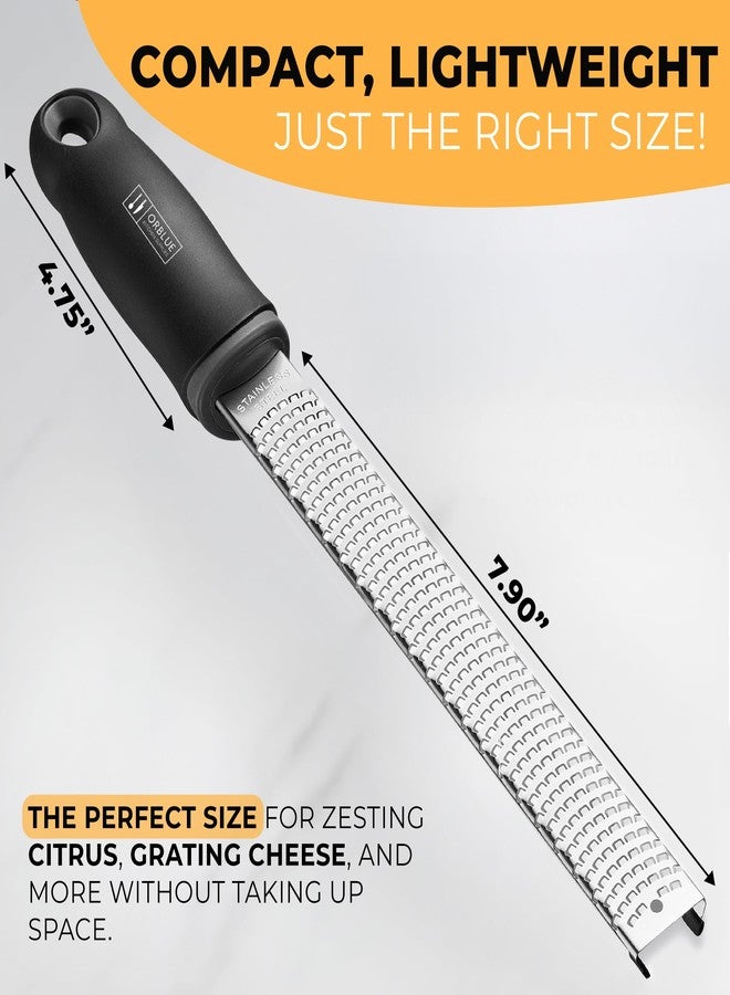 Orblue Lemon Zester & Cheese Grater - Premium Citrus Zester, Kitchen Grater for Parmesan, Chocolate, Fruits, Vegetables, Ginger, Garlic, Nutmeg - Stainless Steel Blades with Protective Cover, Black - Image 2