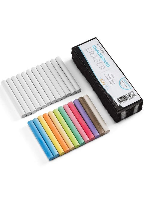 Dustless Chalk With Eraser, 24Pk - 12 Colored Chalkboard Chalk And 12 White Chalk For Chalkboard And Chalk Board Eraser, Outdoor Chalk, Chalk, Eraser Set - Blackboard Chalk With Chalk Eraser