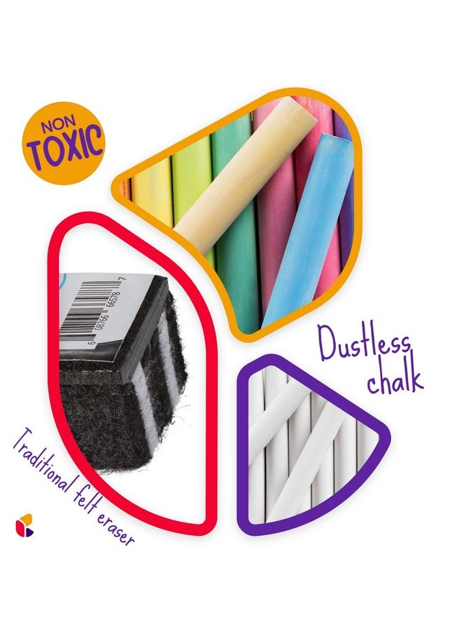 Dustless Chalk With Eraser, 24Pk - 12 Colored Chalkboard Chalk And 12 White Chalk For Chalkboard And Chalk Board Eraser, Outdoor Chalk, Chalk, Eraser Set - Blackboard Chalk With Chalk Eraser