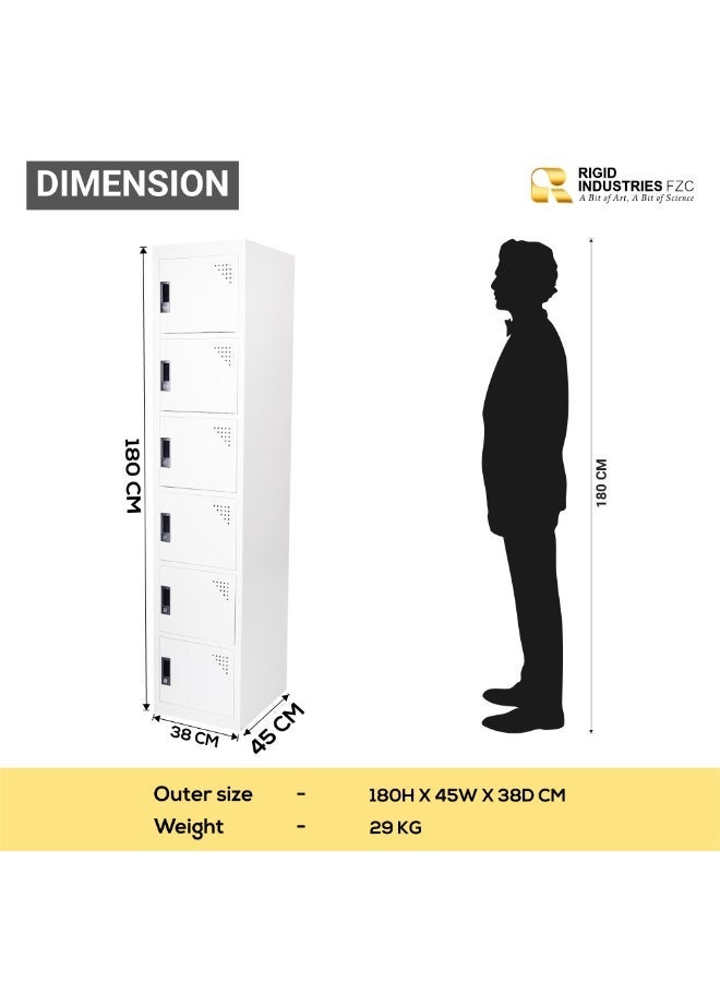 RIGID 6 Door Steel Storage Locker | Multi-Compartment Metal Cabinet for Home, Office & School | Key Locking System, Plastic Handles, High Capacity Organizer, White (45D x 38W x 180H CM) Assembled - Image 2