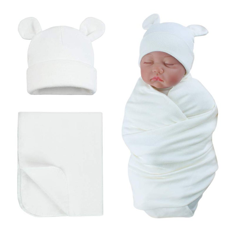PESAAT Baby Swaddle Hat Set Bear Ears Boys Girls Beanie Newborn Baby Receiving Blanket Autumn Winter WhiteHatSwaddle 06 Months