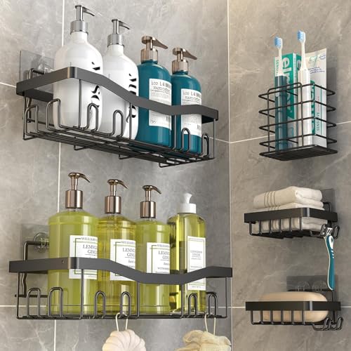 Boniry Bathroom Shelf for Wall– Adhesive Corner Shelf with Soap Dish & Toothbrush Holder- Self Adhesive Bathroom Organiser Without Drill, Bathroom Accessories Stand - Image 1