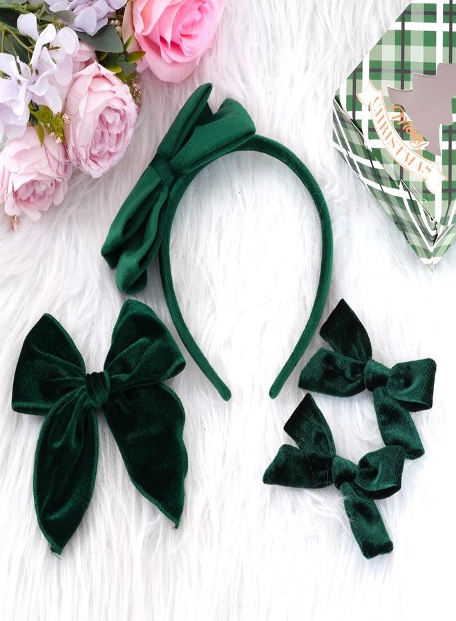 phnydreg 4pcs Dark Green Velvet Bow Hair Accessories Bow Headband Hair Bow Clip for Toddler Girls Birthday Gift - Image 3