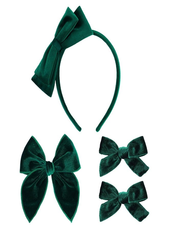 phnydreg 4pcs Dark Green Velvet Bow Hair Accessories Bow Headband Hair Bow Clip for Toddler Girls Birthday Gift - Image 1