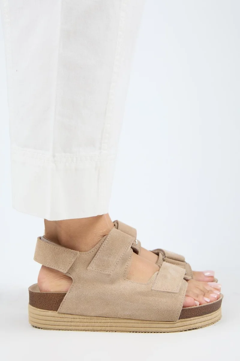 Manijero Manijero Emilia Women's Genuine Leather Double Velcro Beige Sandals
