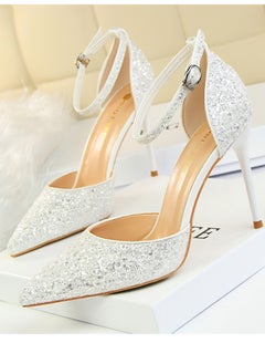 BIGTREE Women's Sequin Closed Pointed Toe 9.5 CM High Heels Ankle Strap Stiletto Pumps White  - Image 1
