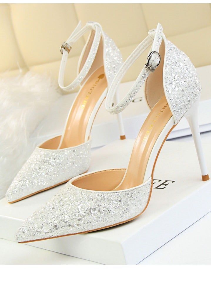 BIGTREE Women's Sequin Closed Pointed Toe 9.5 CM High Heels Ankle Strap Stiletto Pumps White  - Image 1