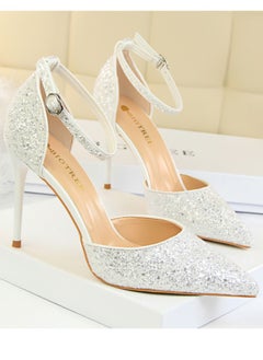 BIGTREE Women's Sequin Closed Pointed Toe 9.5 CM High Heels Ankle Strap Stiletto Pumps White  - Image 2