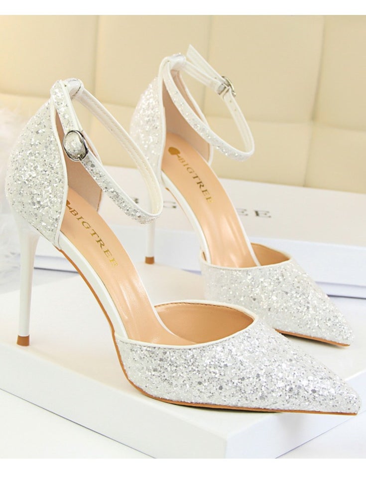 BIGTREE Women's Sequin Closed Pointed Toe 9.5 CM High Heels Ankle Strap Stiletto Pumps White  - Image 2