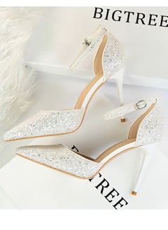 BIGTREE Women's Sequin Closed Pointed Toe 9.5 CM High Heels Ankle Strap Stiletto Pumps White  - Image 3
