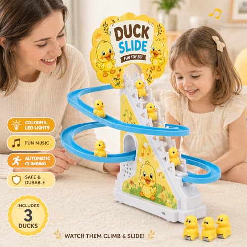 Goyal's Duck Slide Toy for Kids with Music & Lights, Automatic Climbing Duck Track Set, Battery Operated Stair Climbing Toy with 3 Ducks - Image 2