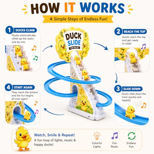Goyal's Duck Slide Toy for Kids with Music & Lights, Automatic Climbing Duck Track Set, Battery Operated Stair Climbing Toy with 3 Ducks - Image 3
