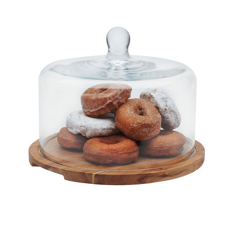 Libbey Acacia Wood Cake Stand with Dome Lid Ball Top Handle Cake Holder with Lid Covered Cake Stand Durable Glass Dome Cover
